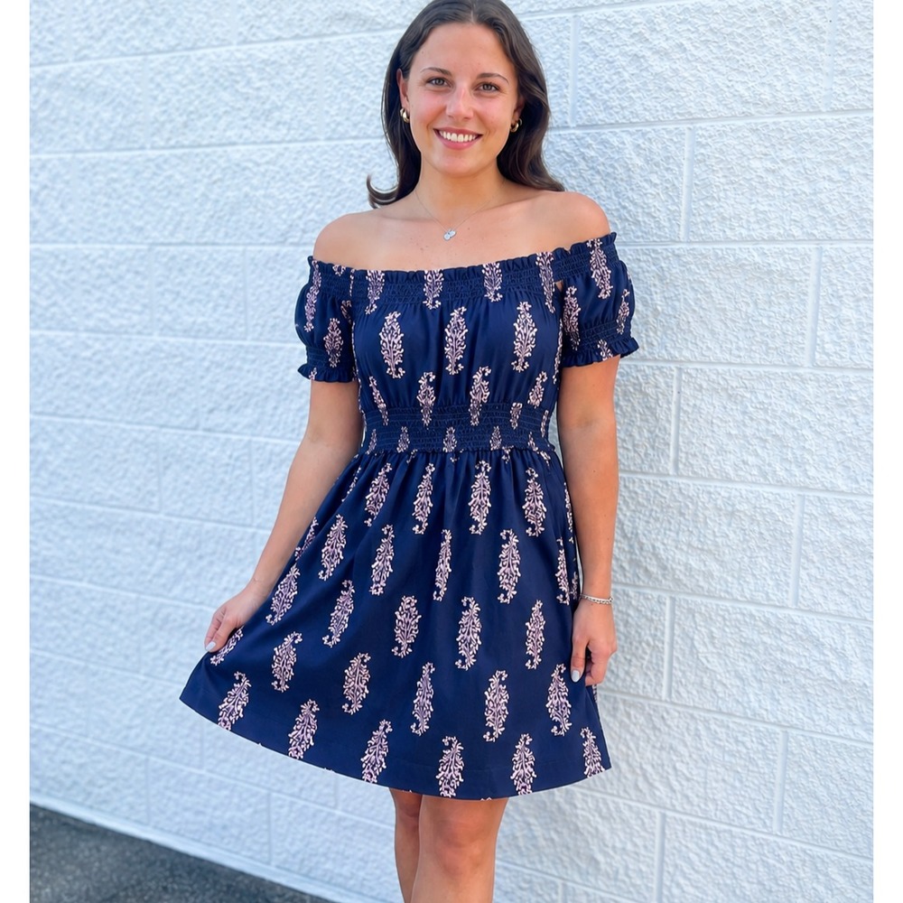 J. Crew Off Shoulder Dress Sz M Smocked Waist Puff Sleeve Navy Floral Pockets